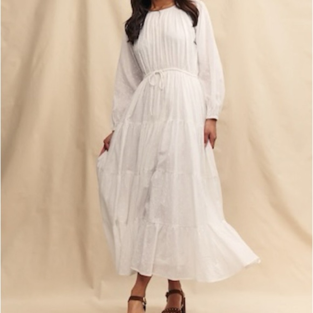 Nobody’s Child Aarti White Embroidered Maxi Dress – Size 10 NWT Tie-Waist Smock
